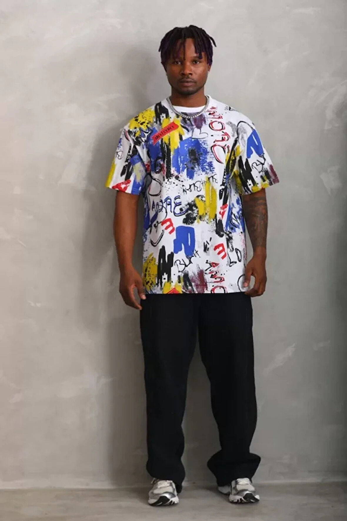 Unisex Oversize Baskılı Bisiklet Yaka Thirt  Beyaz