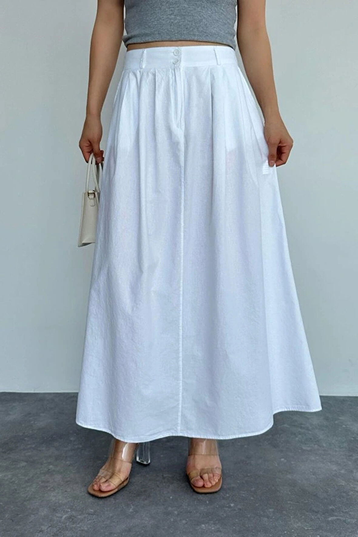 İnce Pileli Düz Etek  Beyaz