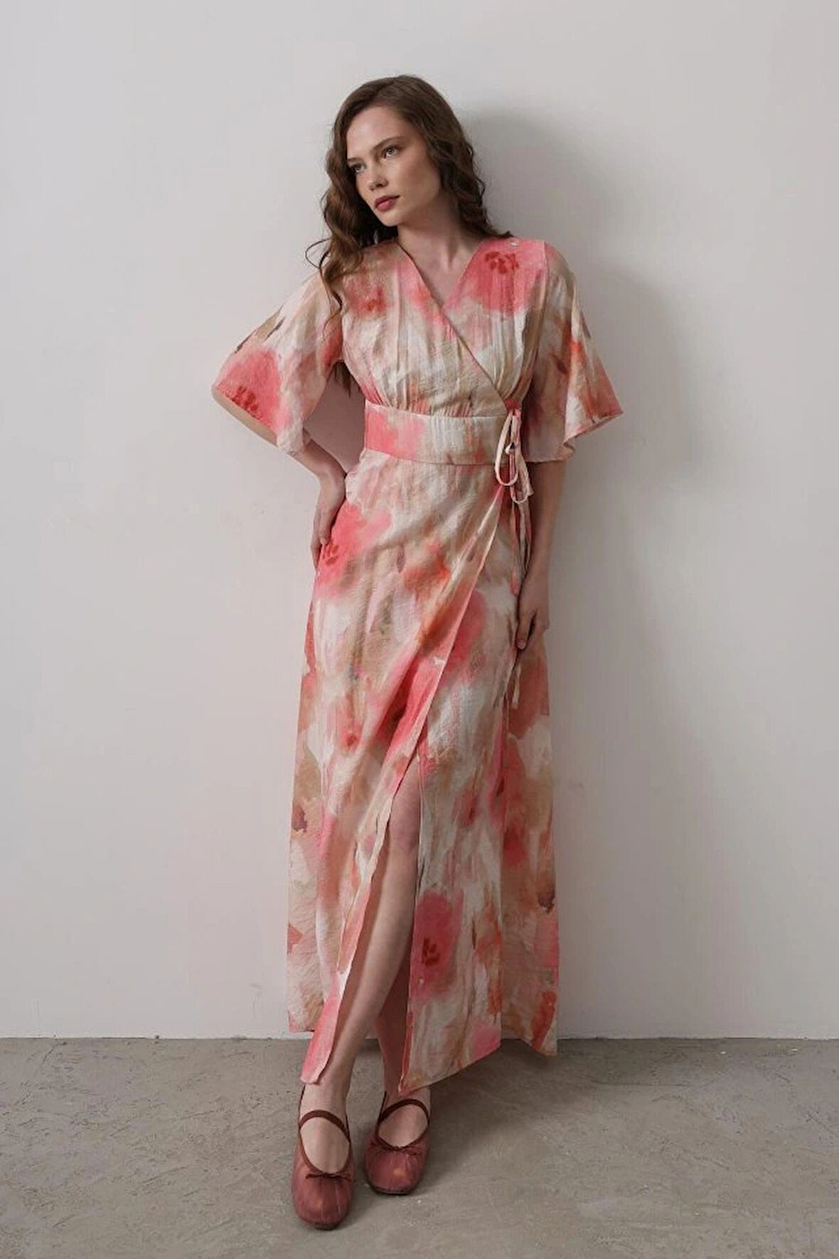 Yandan Bağlamalı Desenli Elbise  Pembe