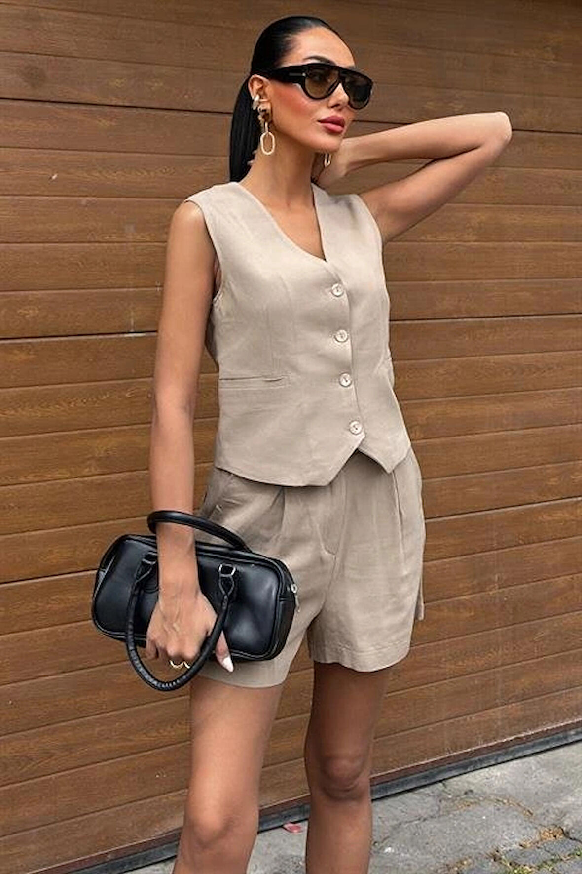 Yelek Şort Flamlı Keten Takım 1013317