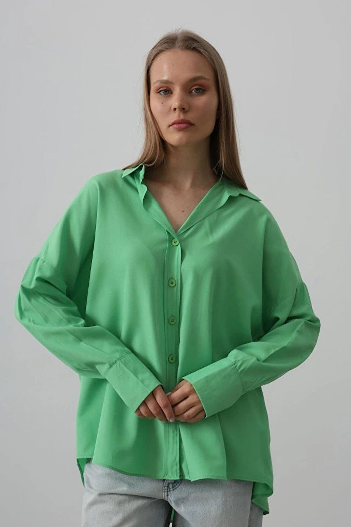 Geniş Manşet Detaylı Gömlek  A.Yeşil