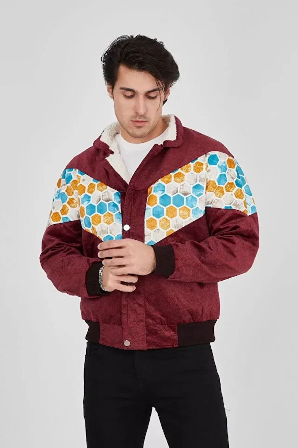 Erkek İçi Astarlı İçten Yaka Kısmı Peluşlu Beyaz Şeritli Vintage Ceket  ürdüm