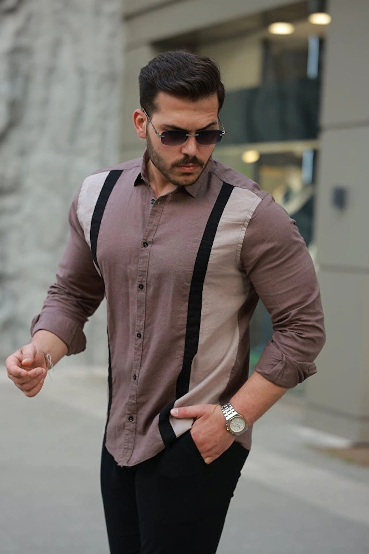 Erkek şerit Detaylı Uzun Kollu Pamuklu Keten Gömlek