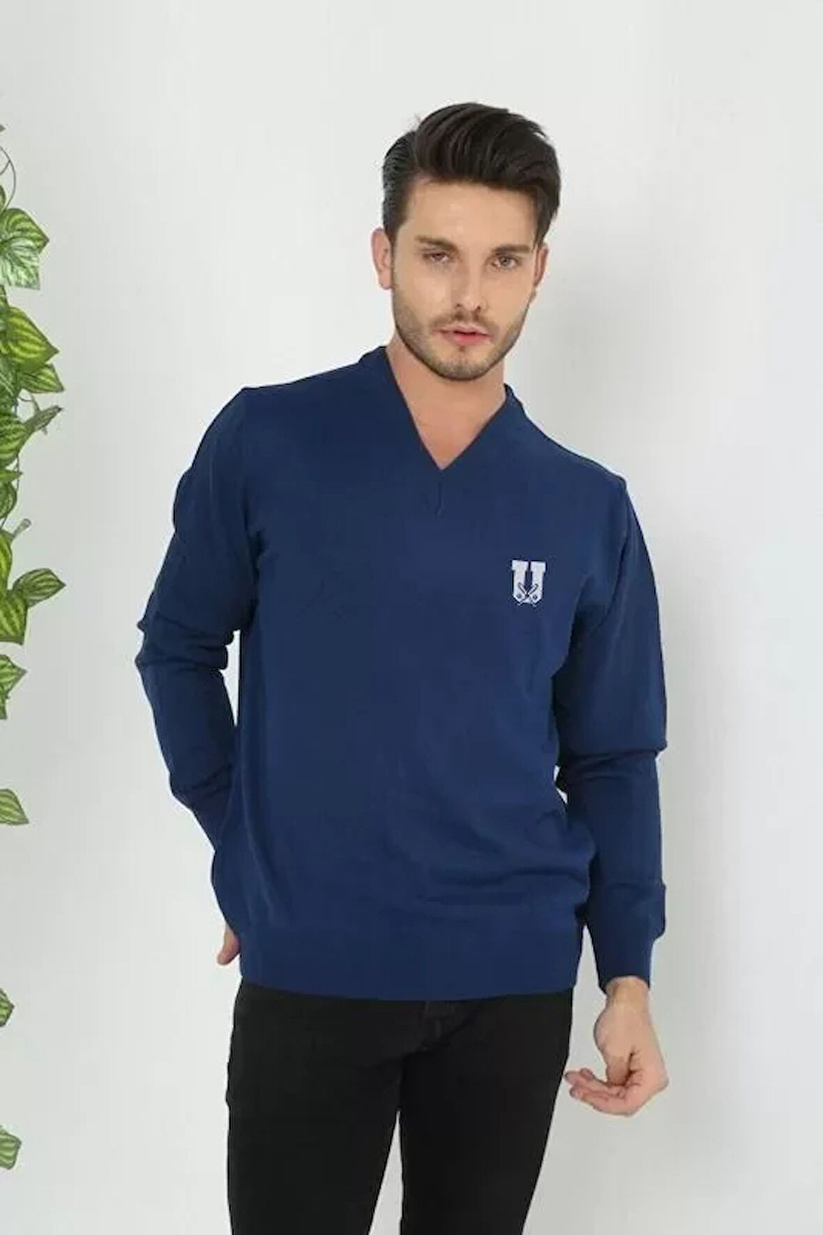 Baskılı V Yaka Uzun Kol Dokuma Triko  Indigo