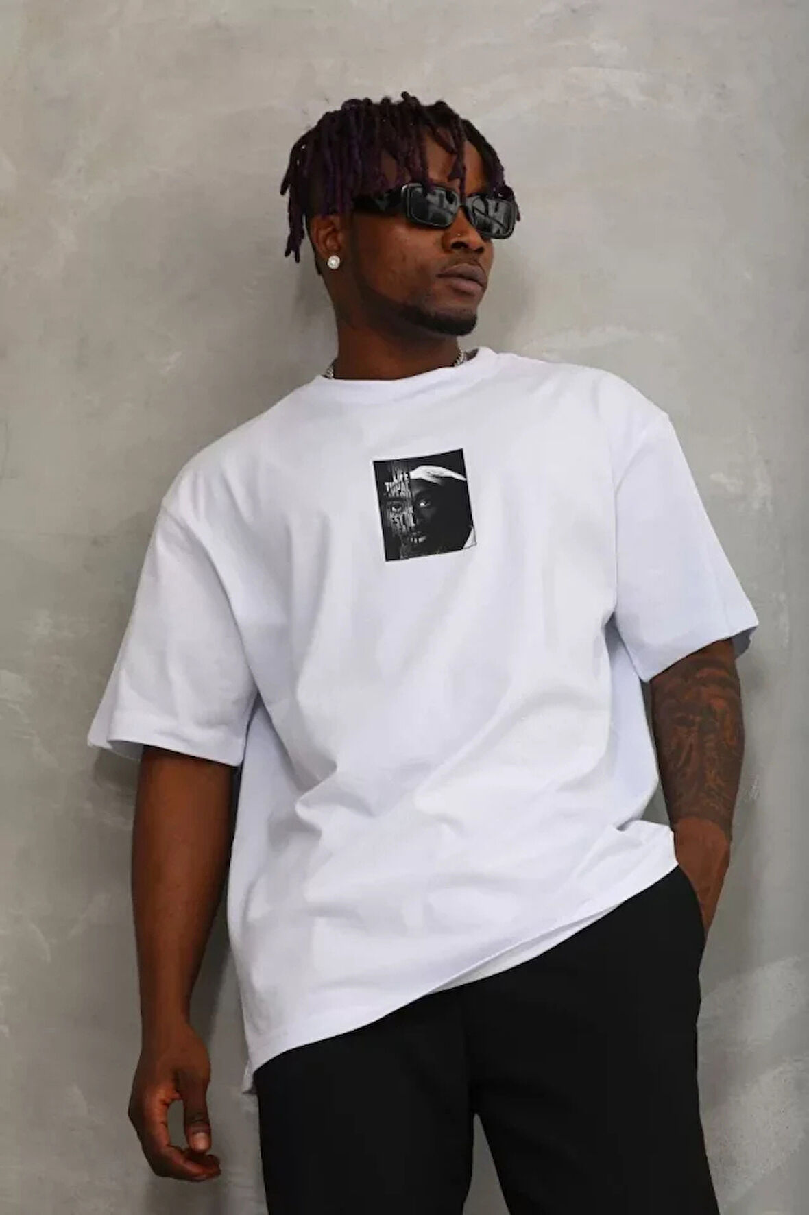 Unisex Oversize Baskılı Bisiklet Yaka Thirt  Beyaz