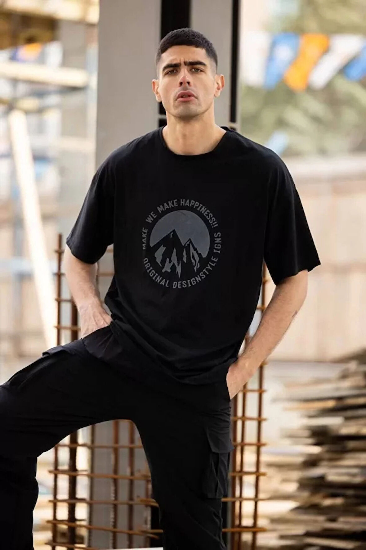 Unisex Bisiklet Yaka Baskılı Oversize Thirt  iyah