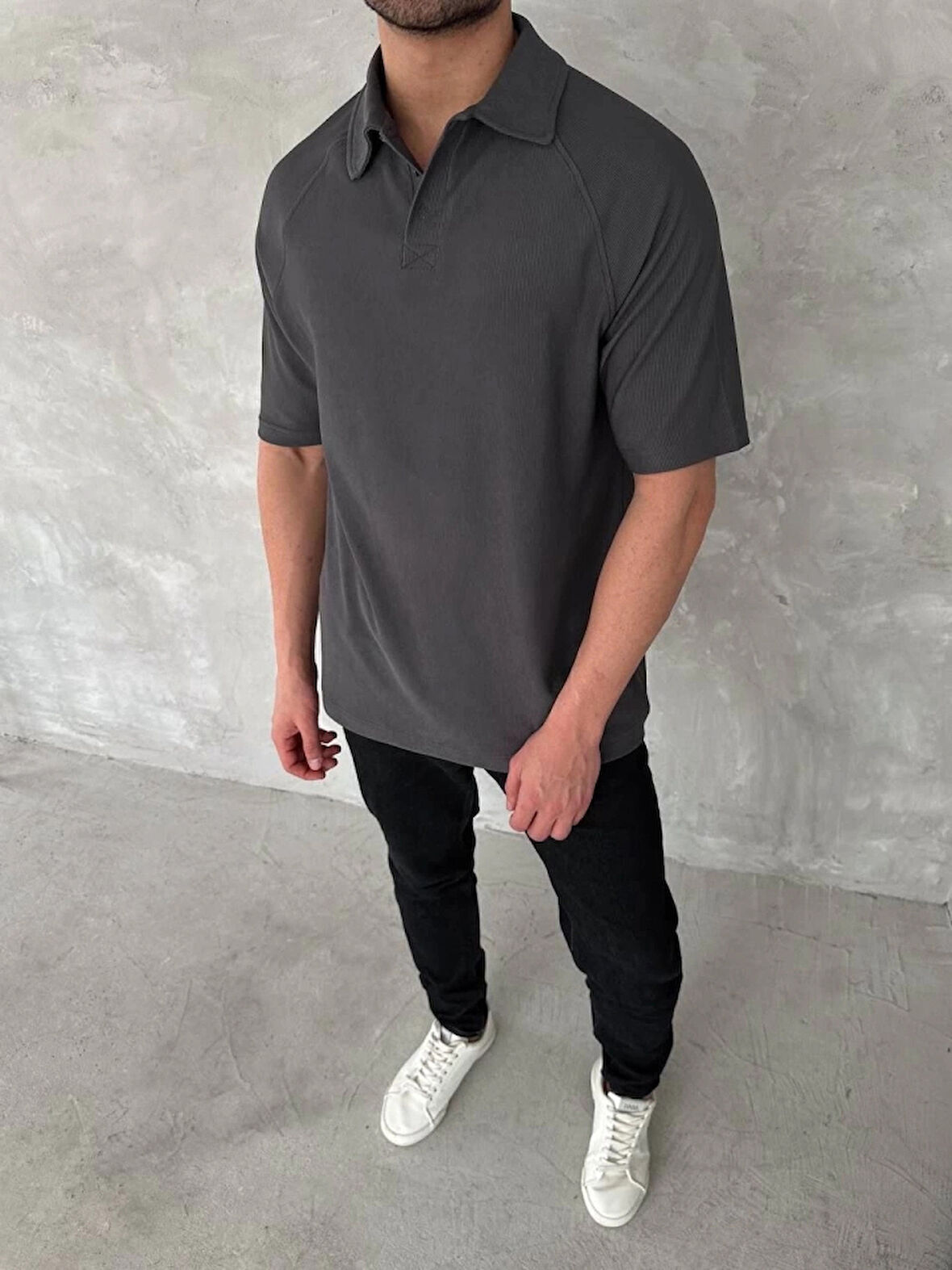 Yakalı Patlı Kısa Kol Tshirt  Antrasit