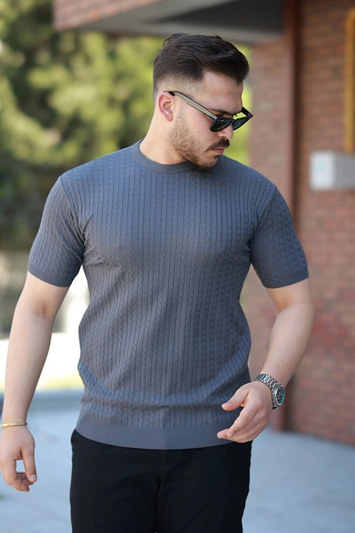 Erkek Bisiklet Yaka örgü Desenli Kısa örme Triko Kısa Kollu Tshirt