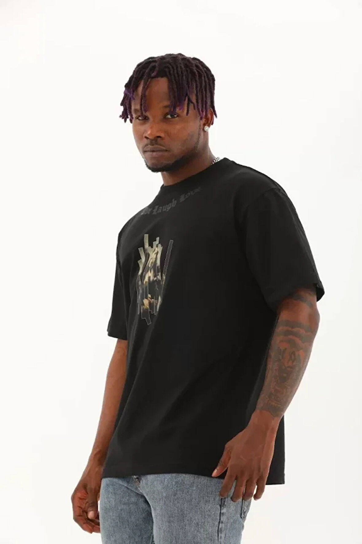 Unisex Oversize Baskılı Bisiklet Yaka Thirt  iyah