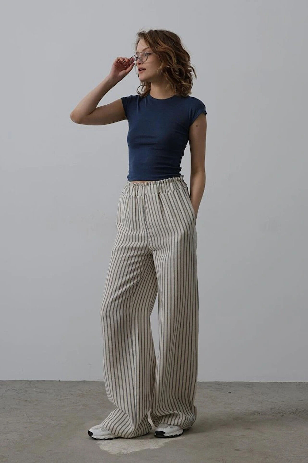 Çizgili Pamuklu astikli Pantolon  Bejacivert