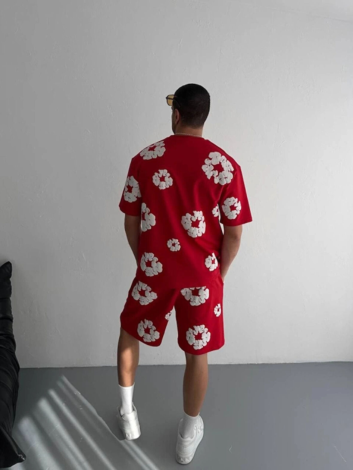 İki İplik Kumaş Baskılı Tshirt Şortlu Takım Kırmızı