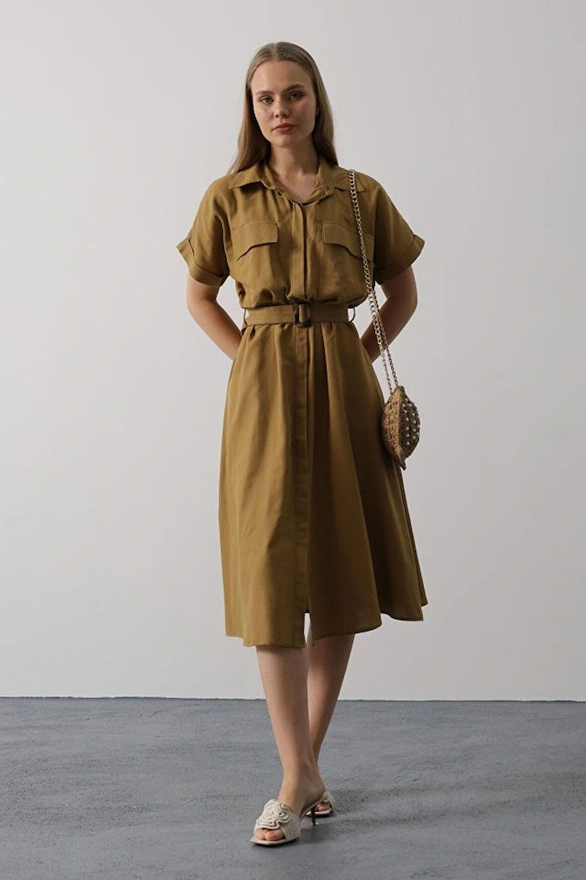 Kuşaklı Cep Detaylı Yarım Kol Elbise  Yağ Yeşili