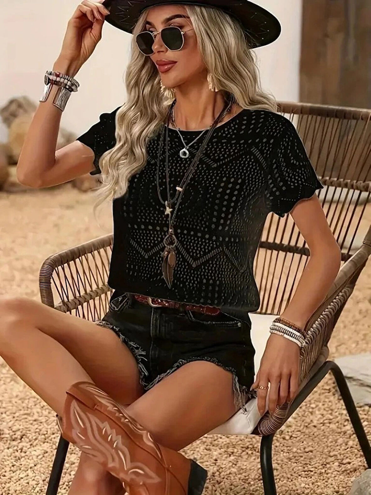 Kadın Kısa Kollu Bisiklet Yaka Desenli Triko Bluz