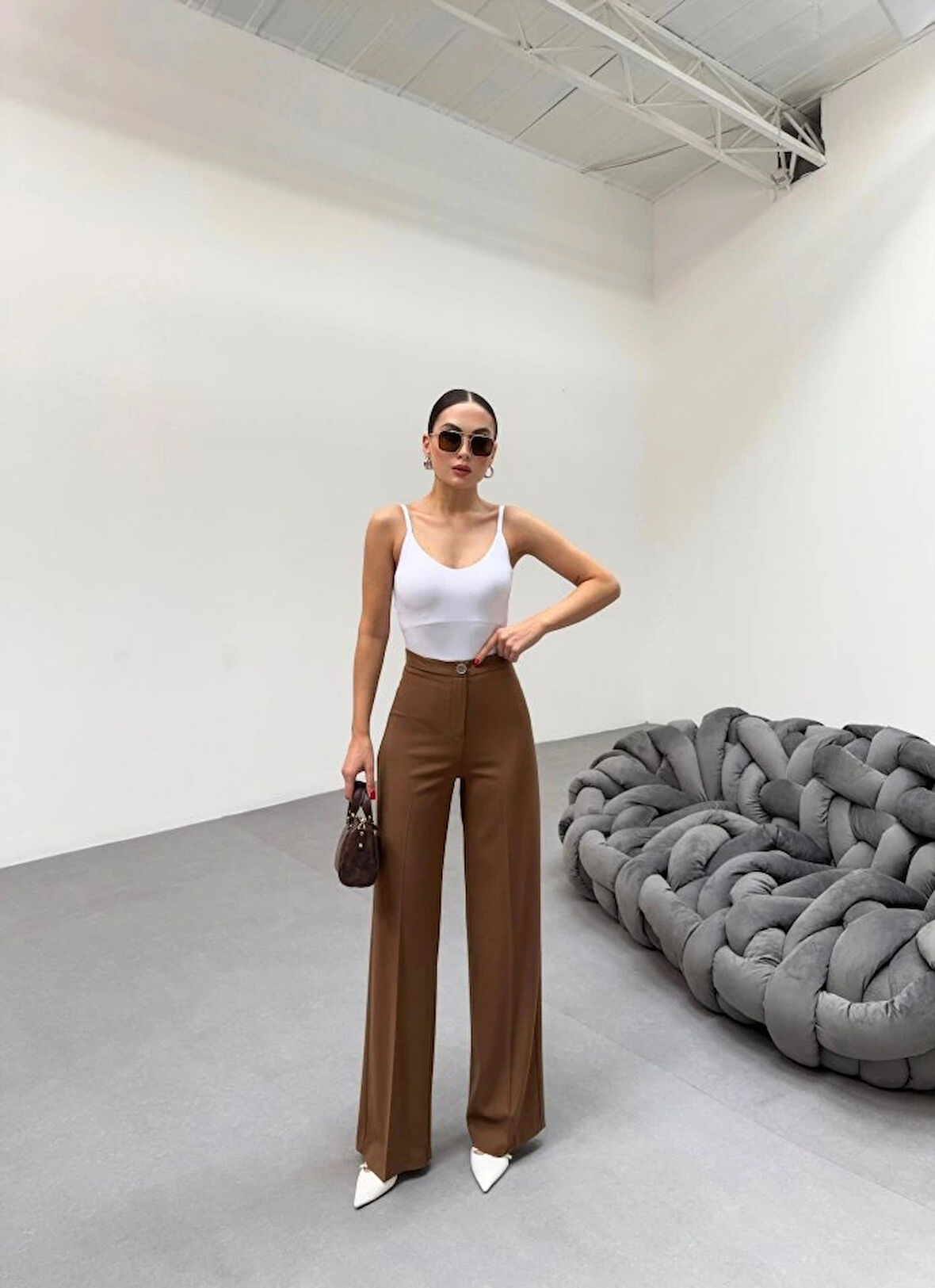 230 Gr Poly Viscose Lycra Metal Düğme Palazzo Pantolon