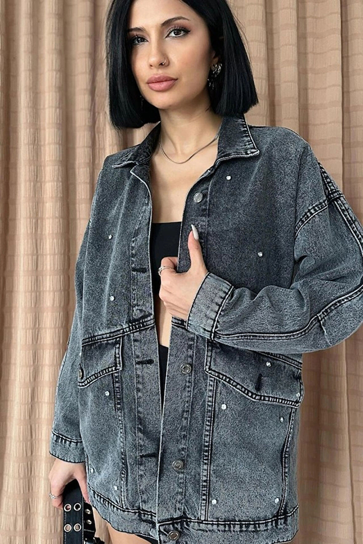 Siyah Taşlı Kot Ceket