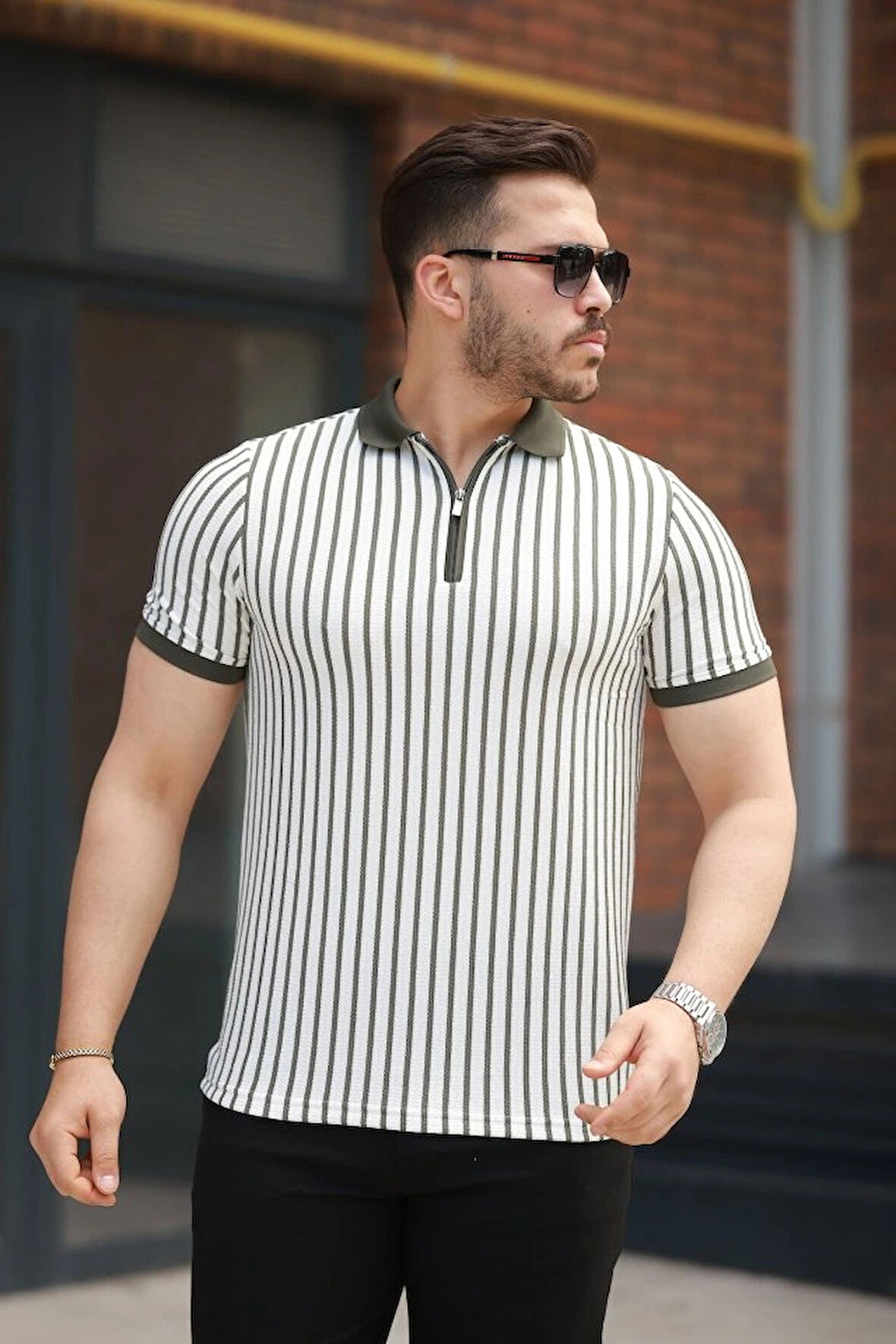 Erkek çizgili Fermuar Yakalı Kısa Kollu Tişört