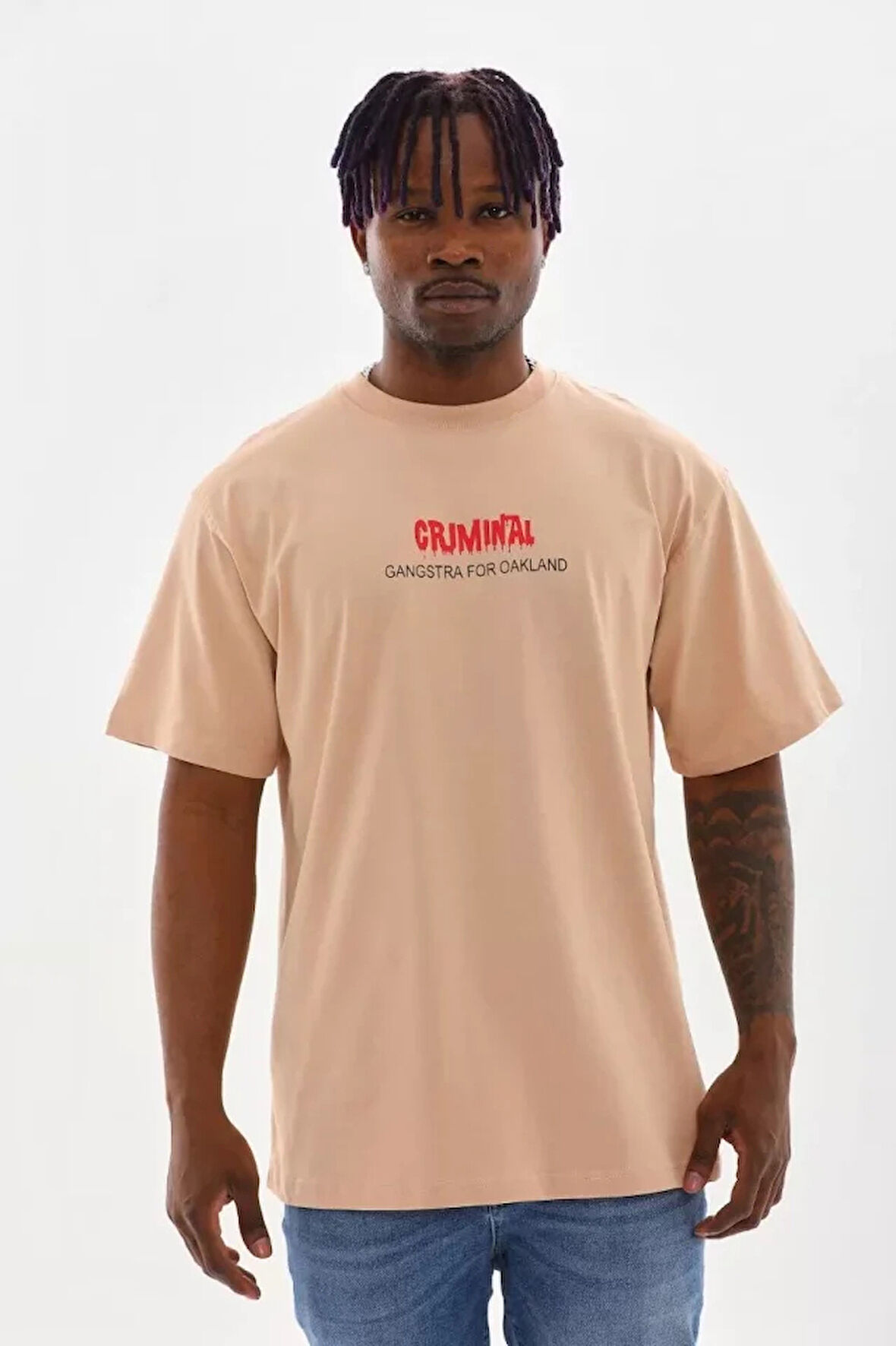 Unisex Baskılı Oversize Thirt  Bej