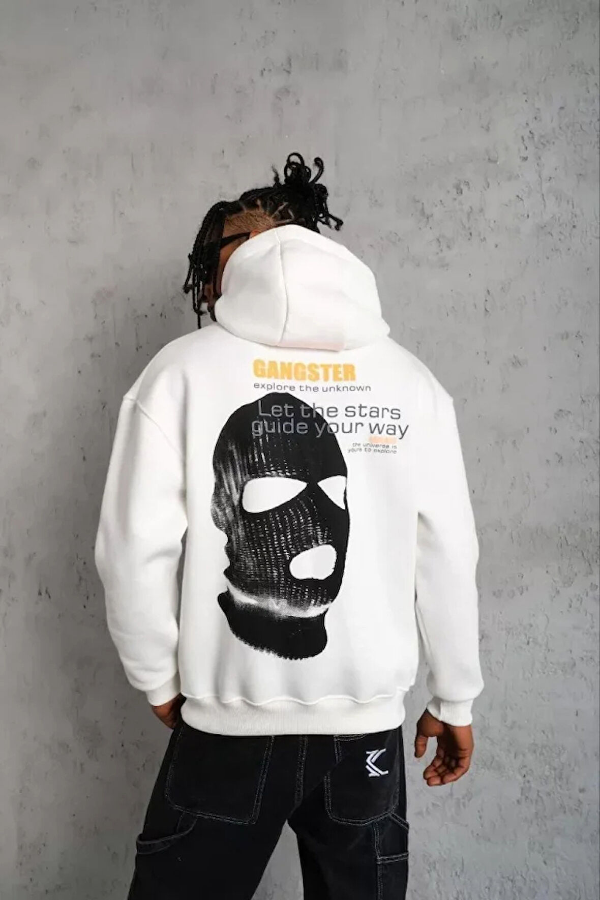 Erkek Kordonlu aske Baskılı Kapüşonlu weat  Beyaz