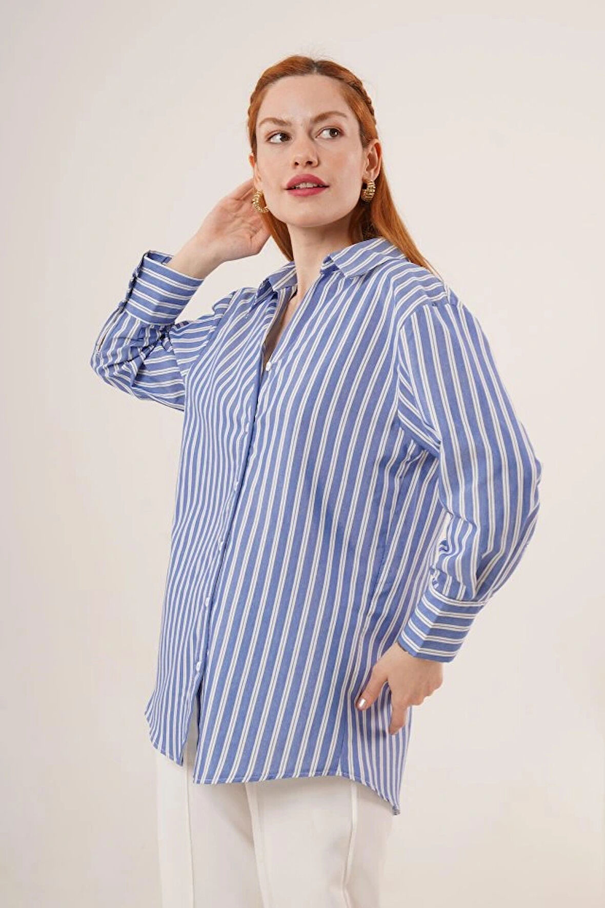 Çift Çizgi Geçişli Düğmeli avi Gömlek