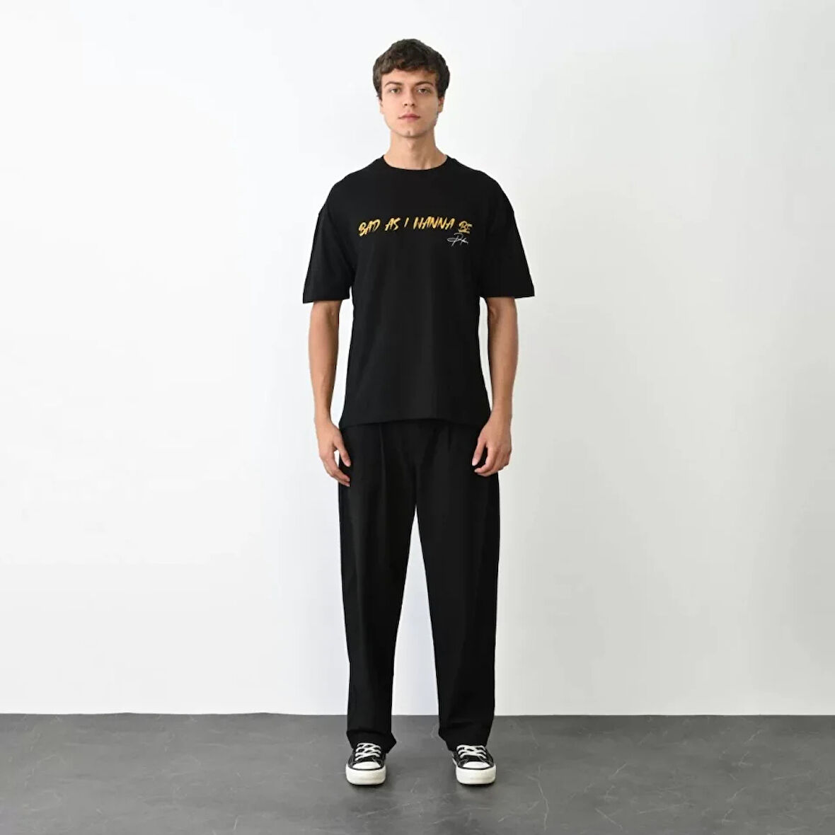 Unisex Bisiklet Yaka Baskılı Oversize Thirt  iyah