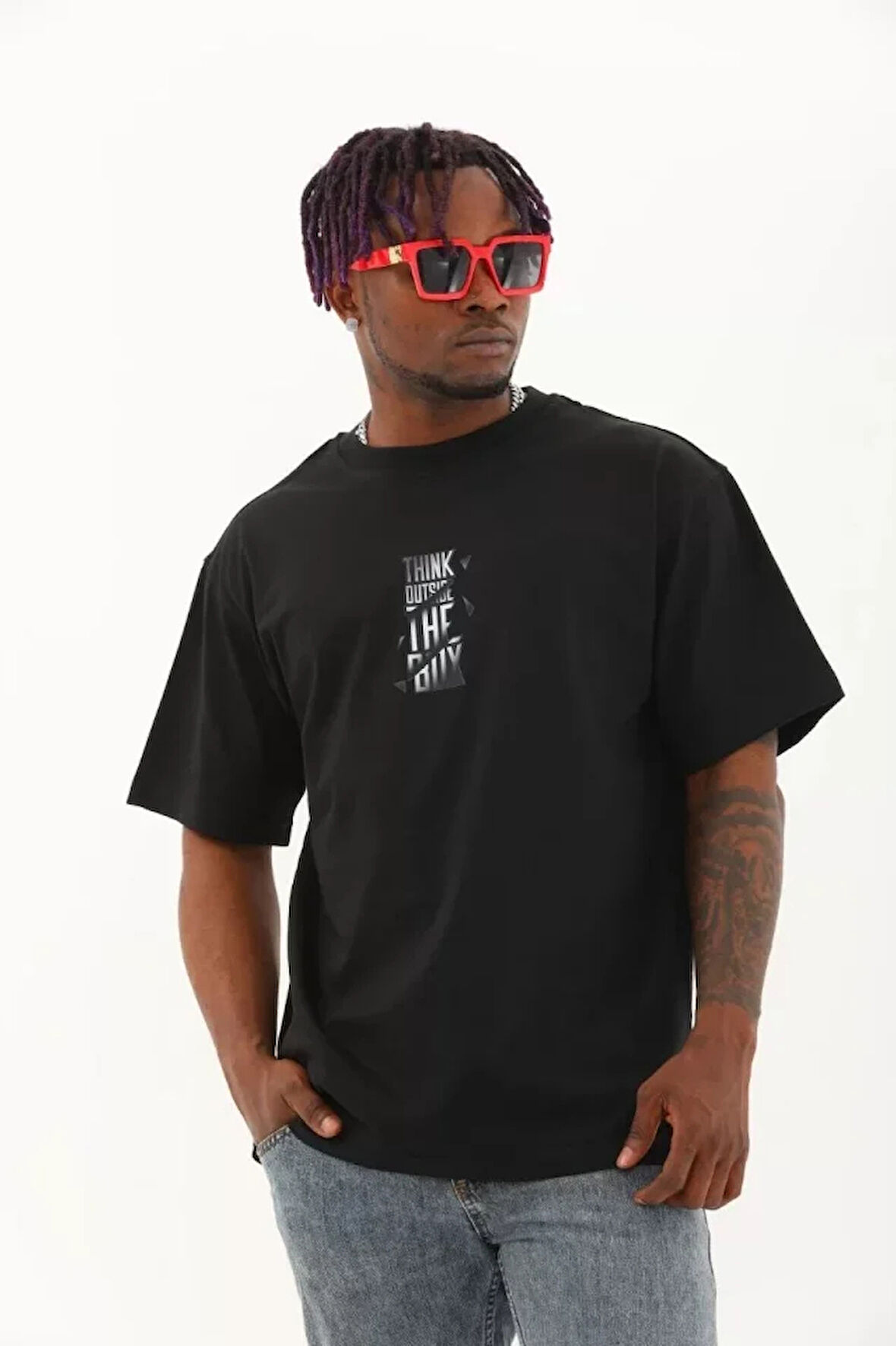 Unisex Oversize Baskılı Bisiklet Yaka Thirt  iyah