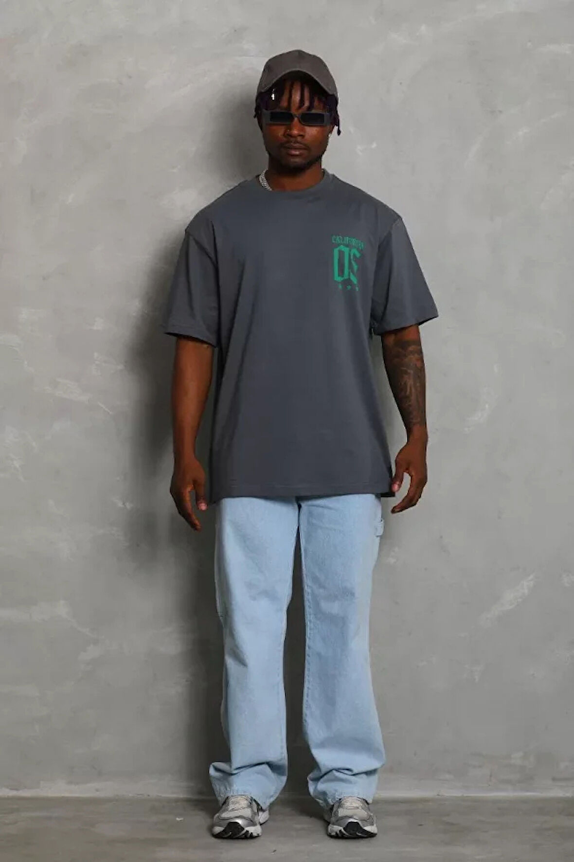 Unisex Oversize Baskılı Bisiklet Yaka Thirt  Füme