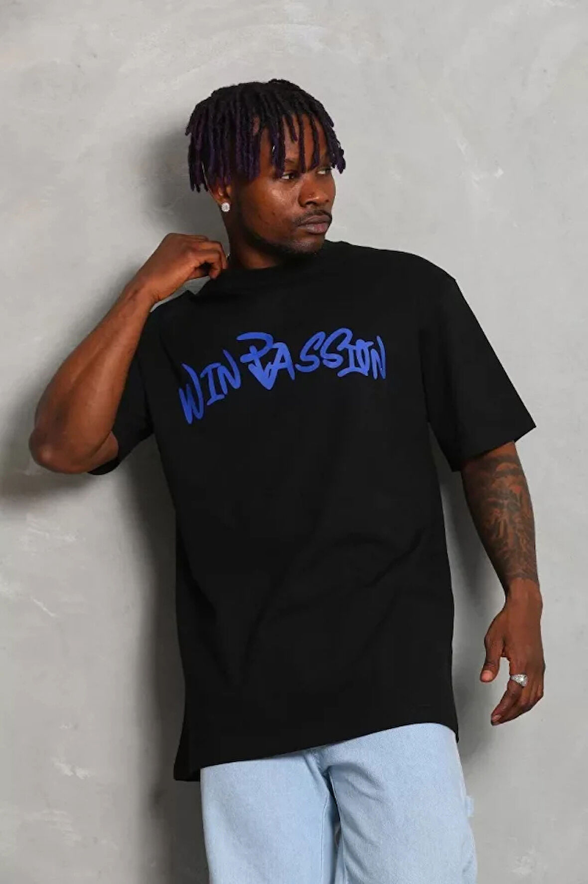 Unisex Oversize Baskılı Bisiklet Yaka Thirt  iyah