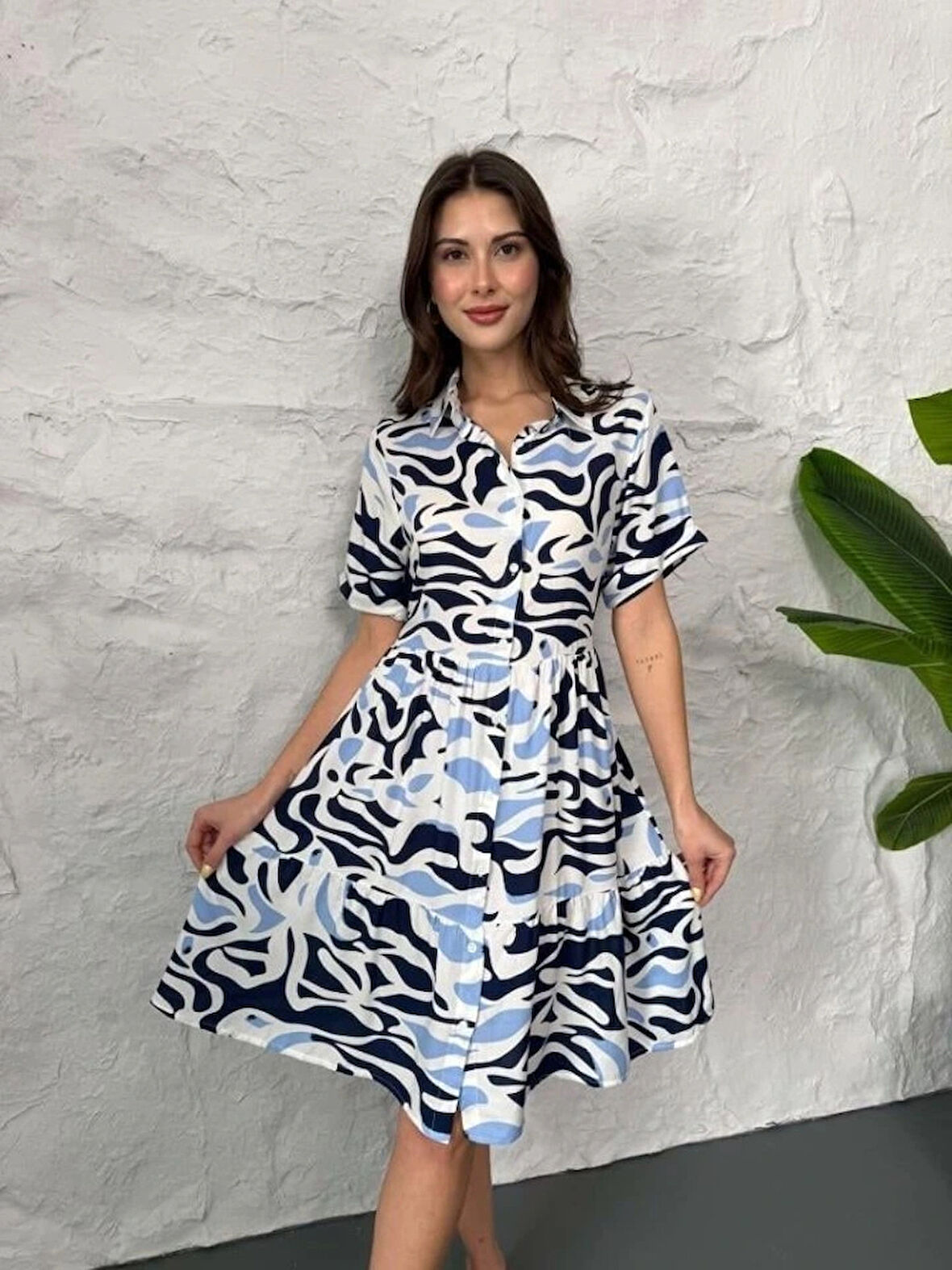 Baskılı Keten Elbise  Lacivert