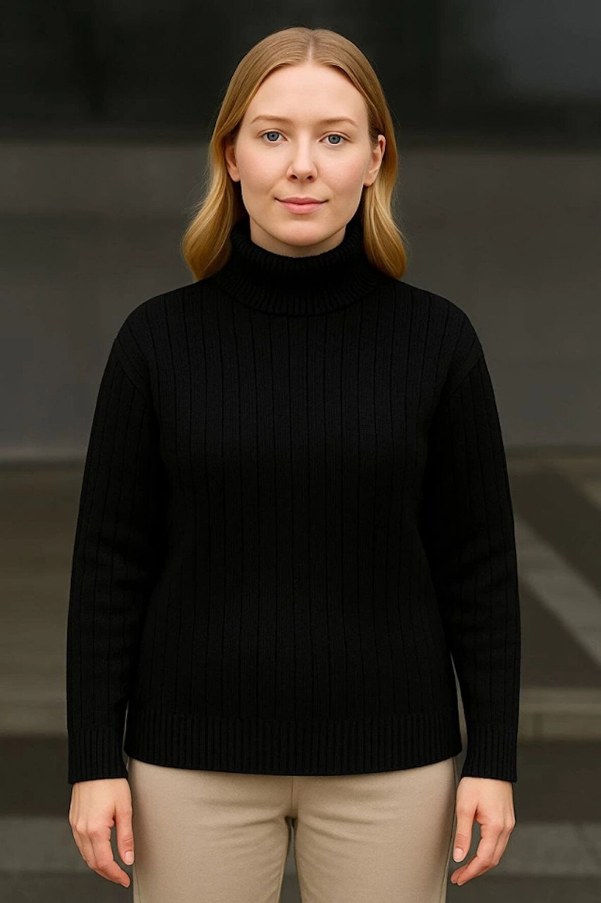 Balıkcı Yaka Bağazlı Triko Kazak Pamuklu Kalın Fitilli Dokuma  iyah