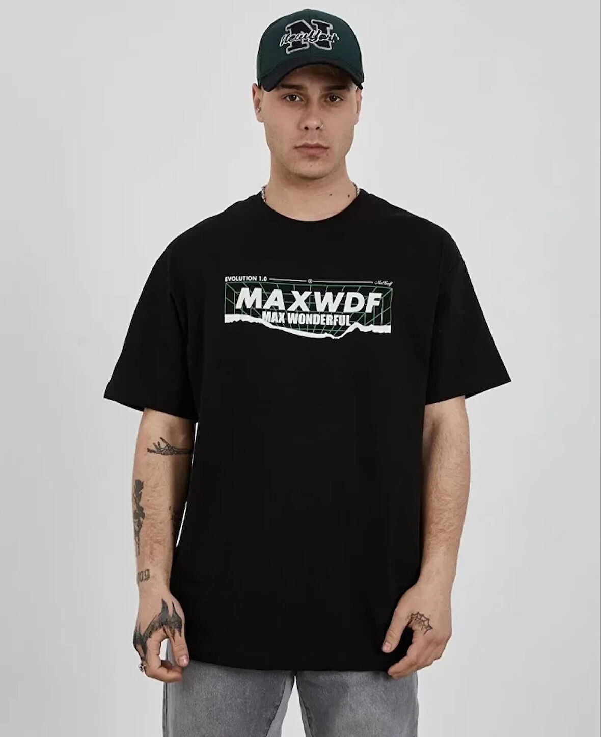 Unisex Bisiklet Yaka Baskılı Oversize Thirt  iyah