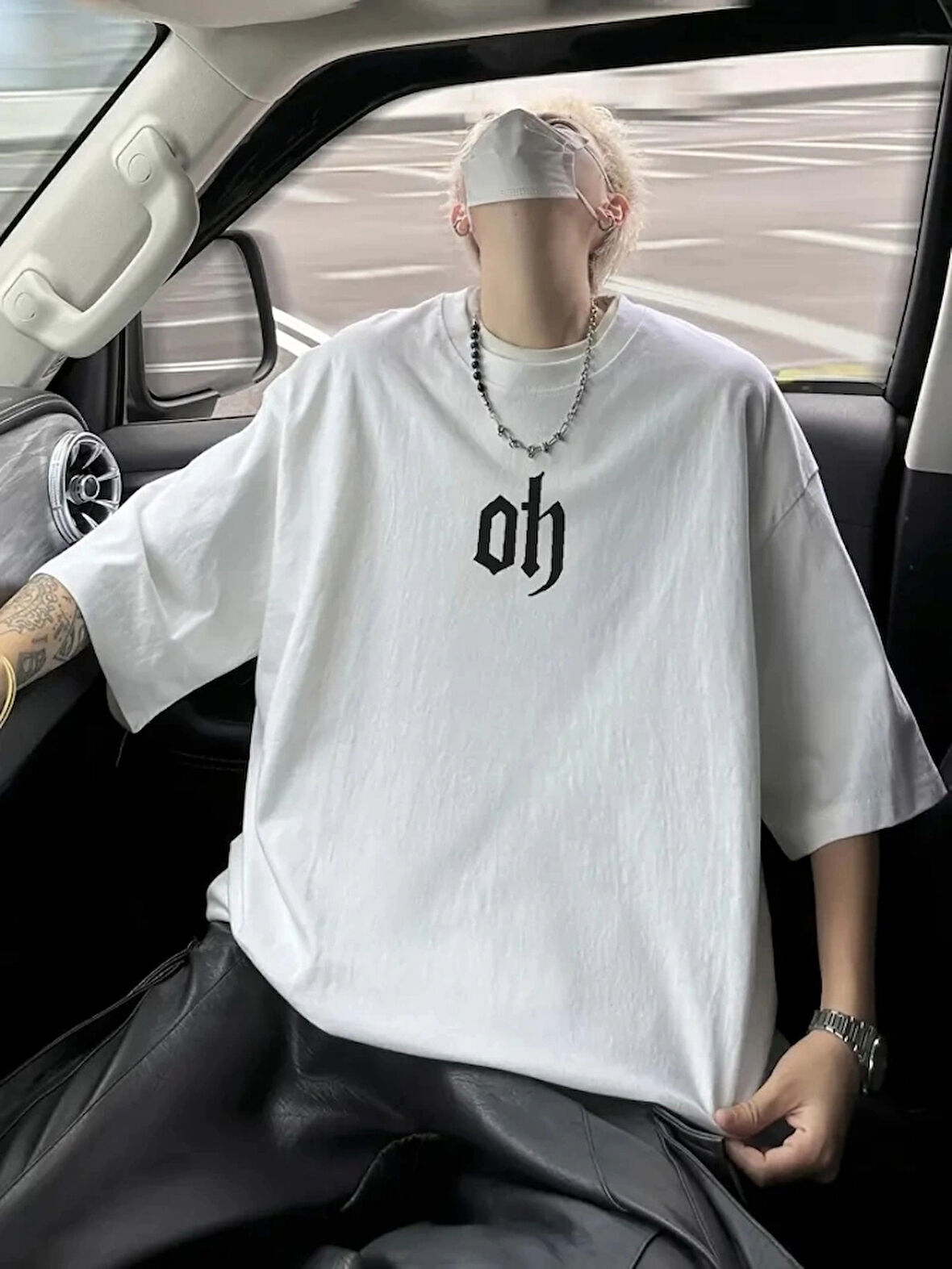Baskılı Oversize Bisiklet Yaka Tshirt  Beyaz