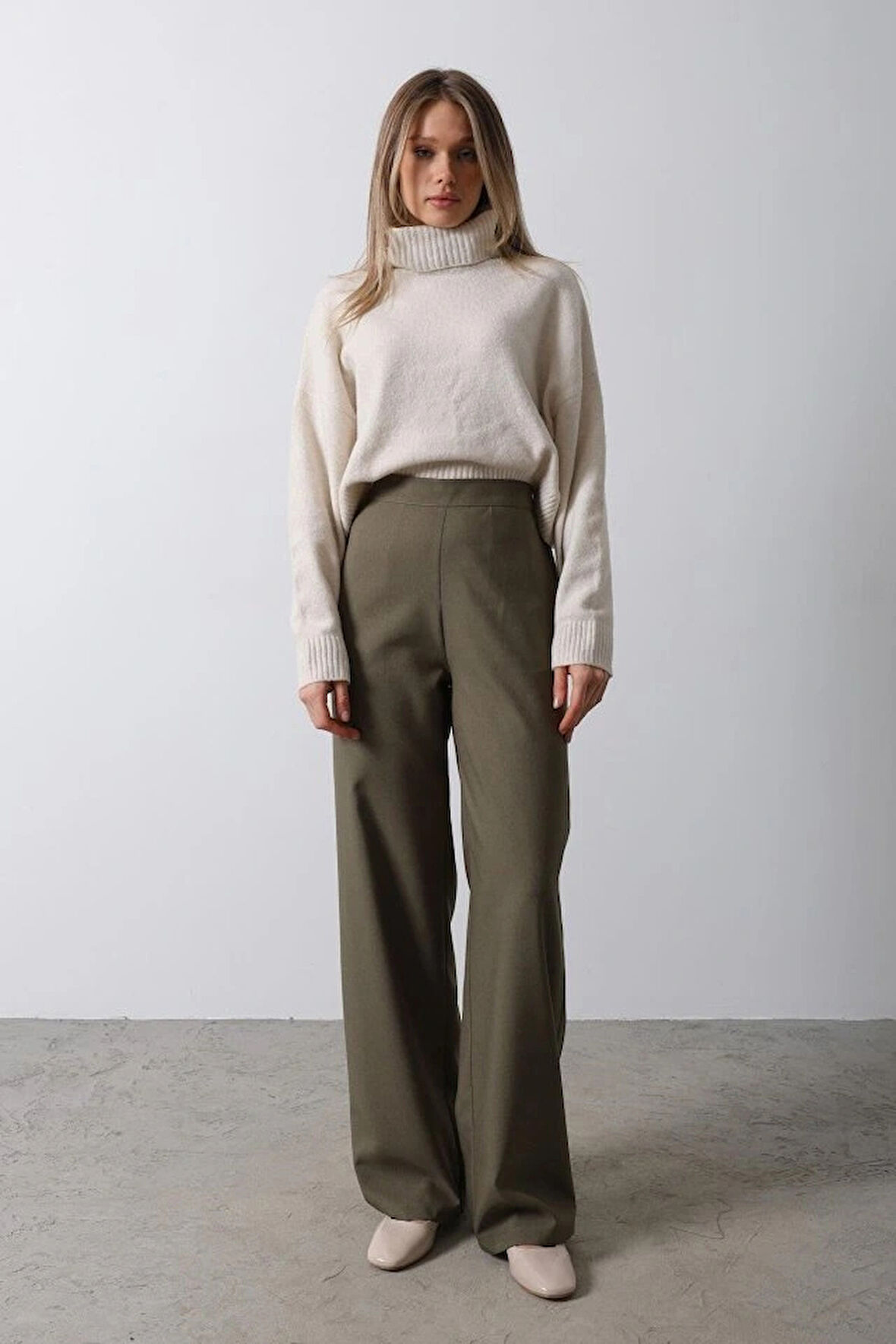 Beli Yarım Lastikli Palazzo Pantolon  Haki