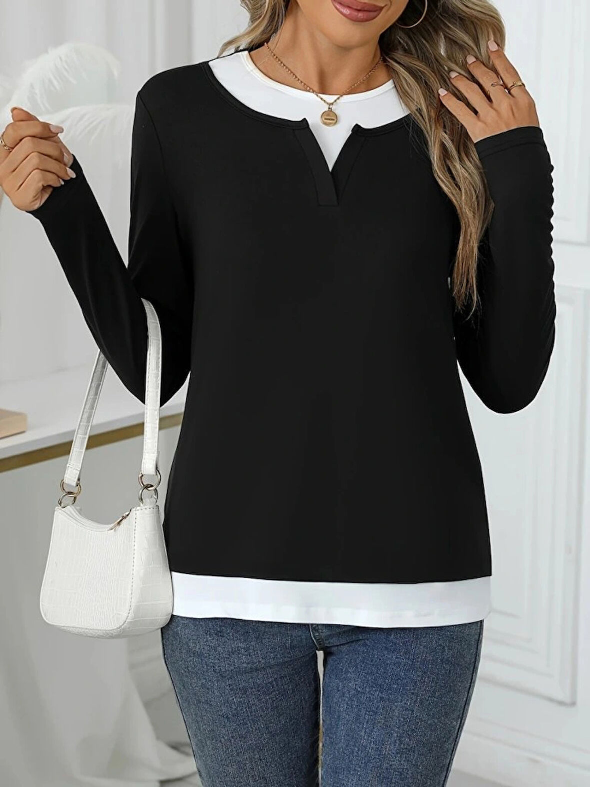 Kadın Uzun Kollu V Yakalı çift Renkli Viskon Iki Iplik Bluz