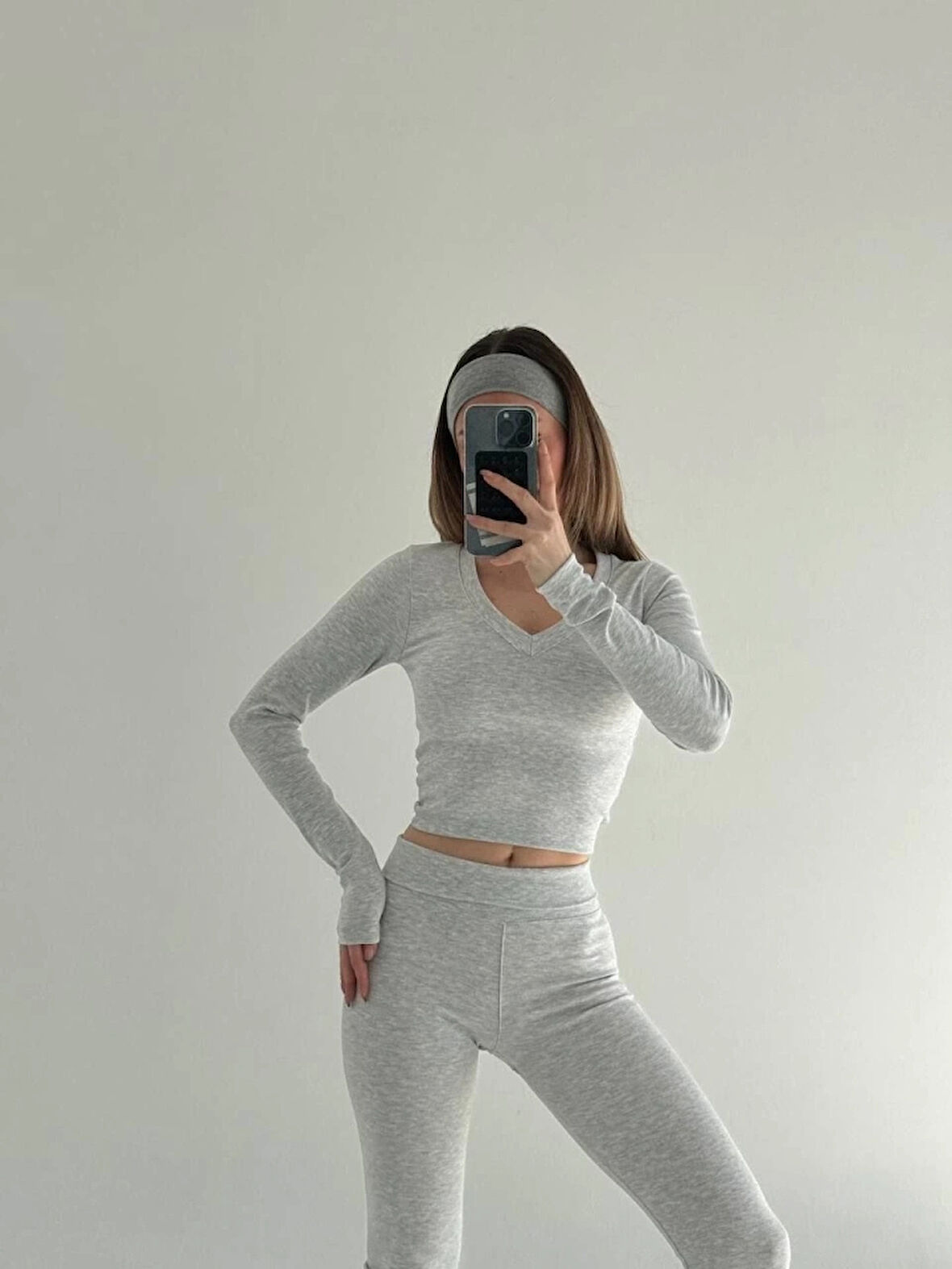 V Yaka Uzun Kollu Bluz İspanyol Paçalı Tayt İkili Takım  Gri