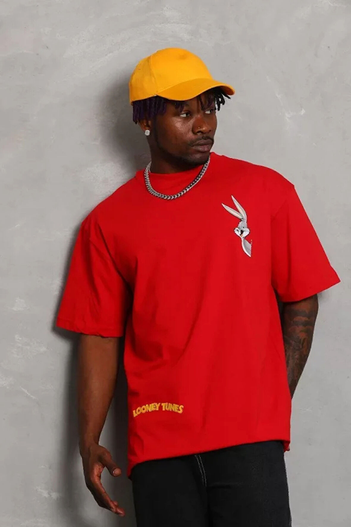 Unisex Oversize Baskılı Bisiklet Yaka Thirt  Kırmızı