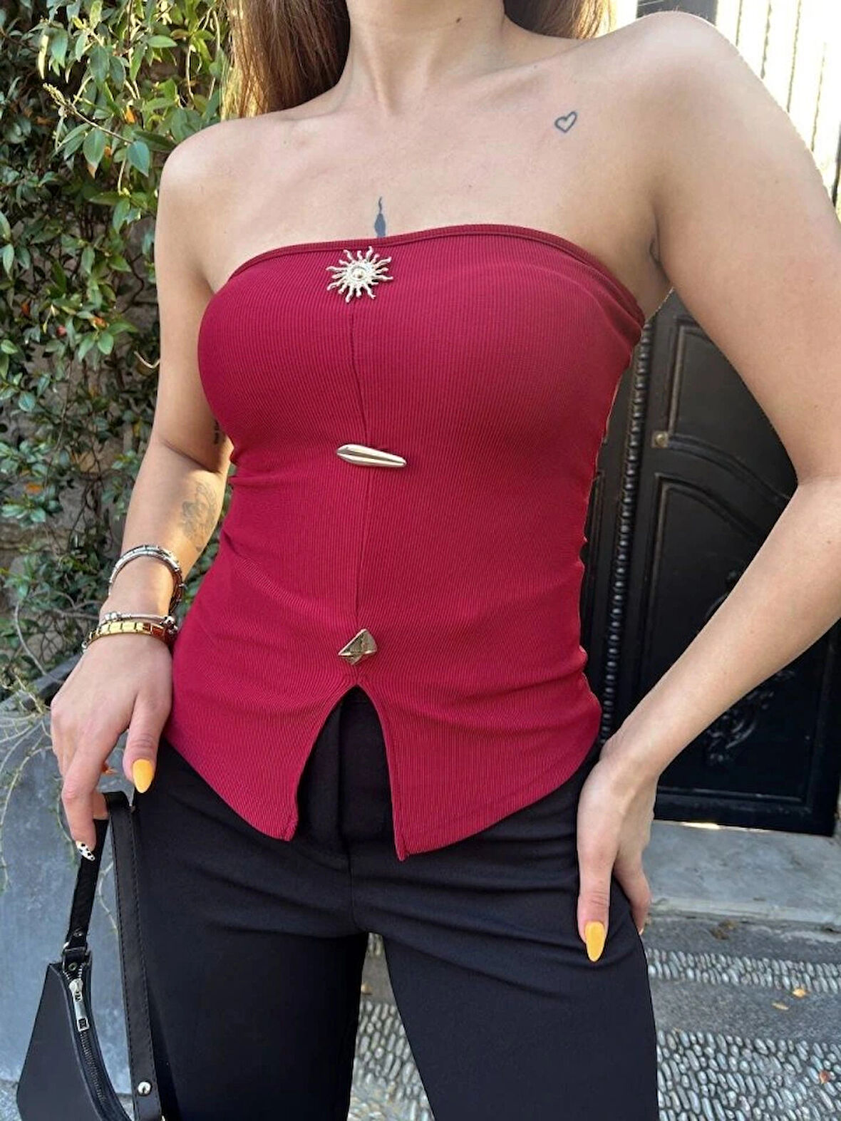 Kadın Ottoman Kumaş Düğme Detaylı Büstiyer Crop