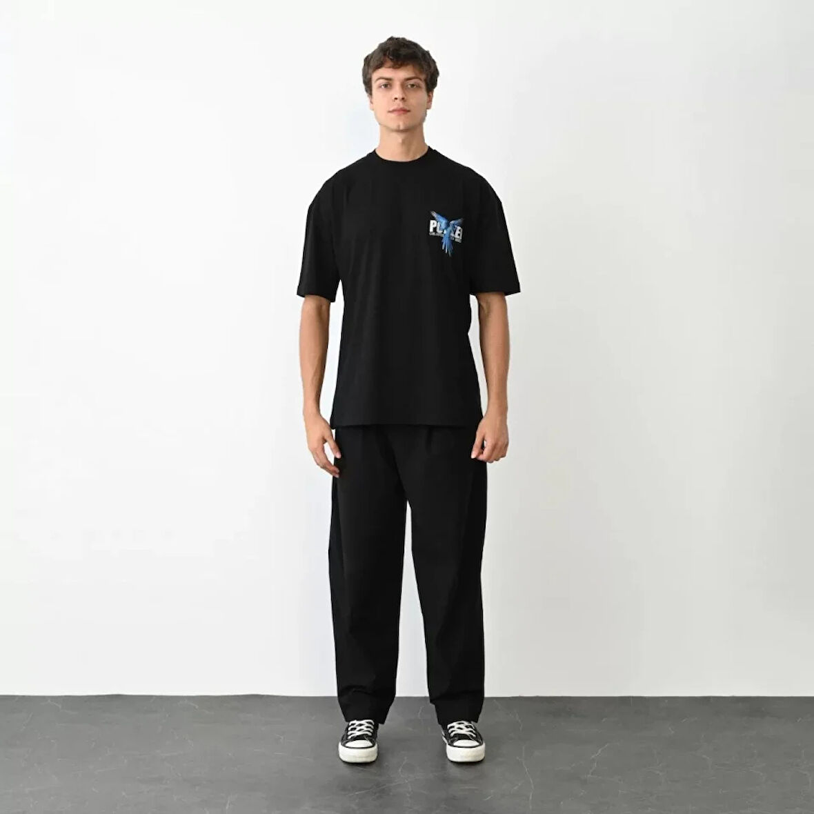 Unisex Bisiklet Yaka Baskılı Oversize Thirt  iyah