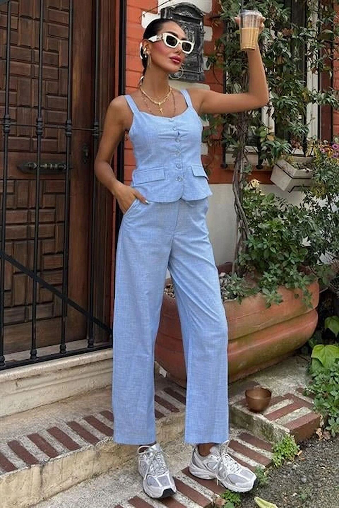 Kalın Askılı Bluz Pantolon Keten Takım 10187