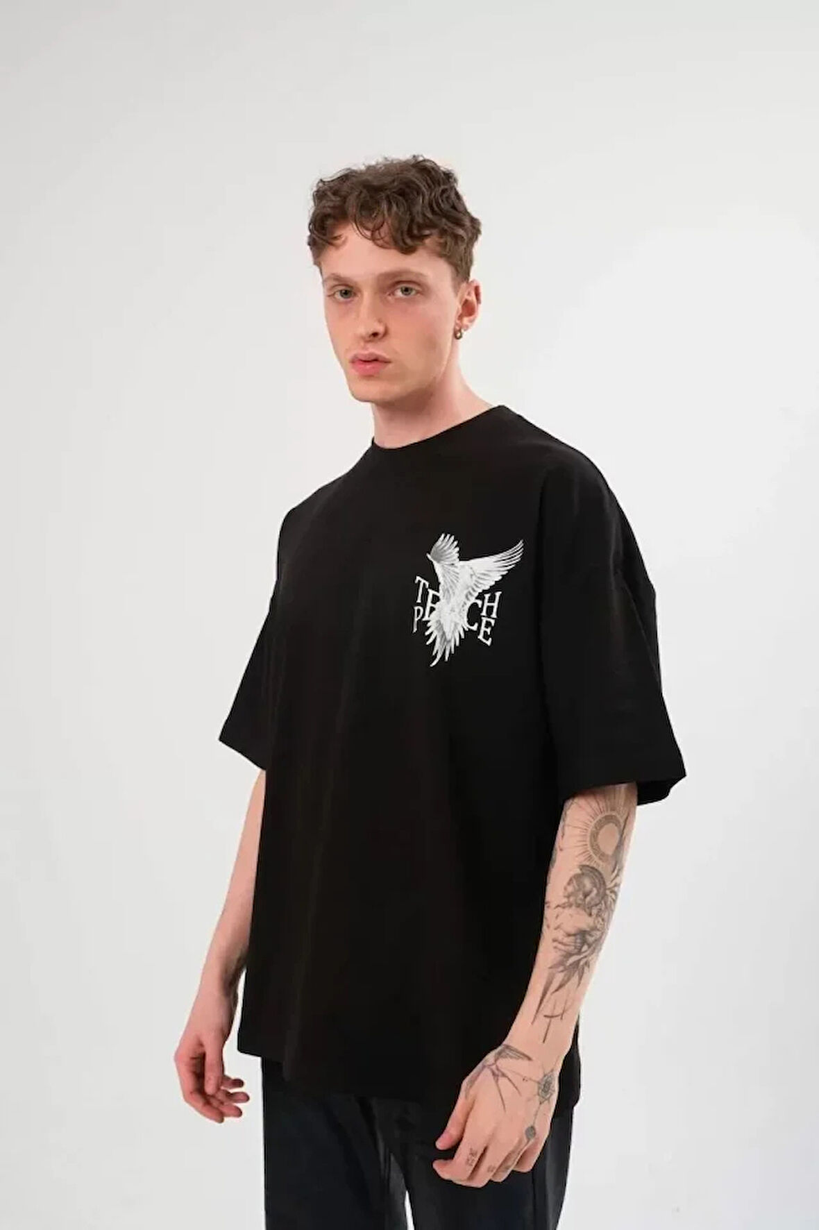 Unisex Bisiklet Yaka Baskılı Oversize Thirt  iyah