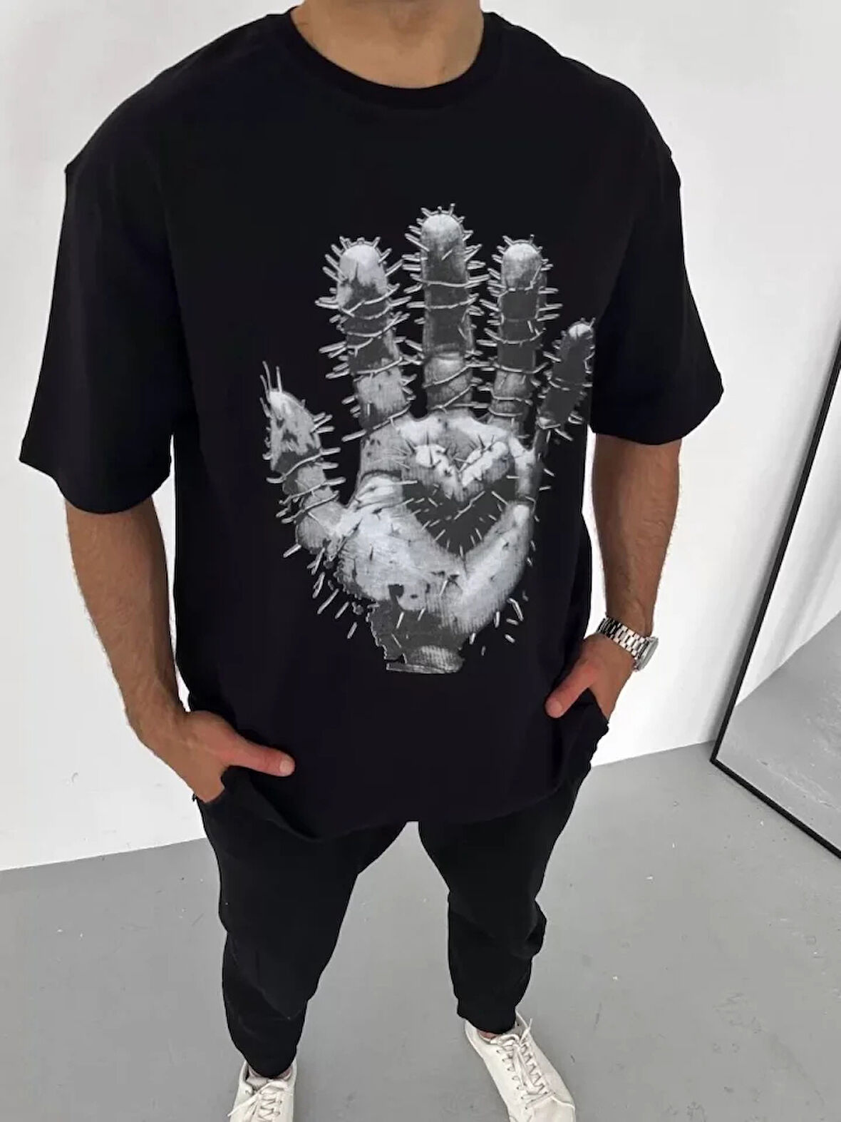 Unisex Bisiklet Yaka Baskılı Oversize Thirt  iyah