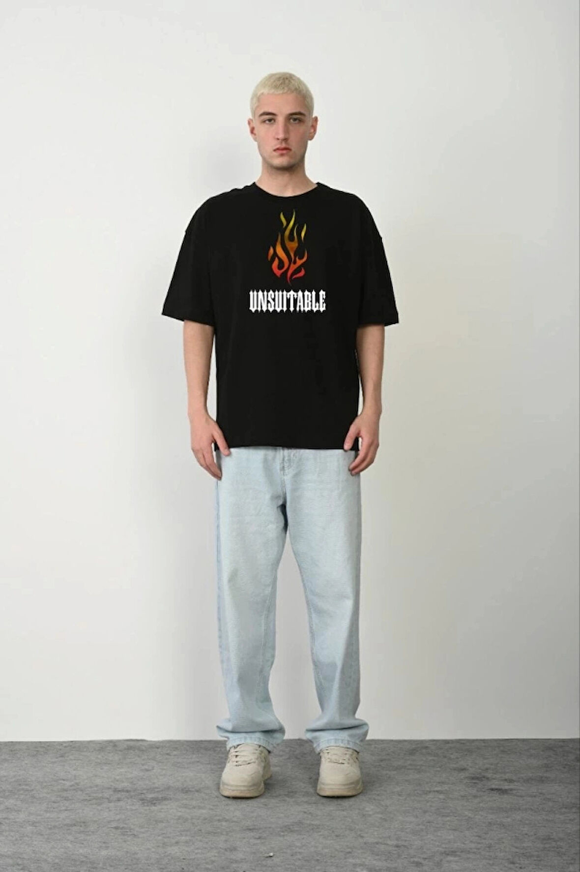 Unisex Bisiklet Yaka Baskılı Oversize Thirt  iyah