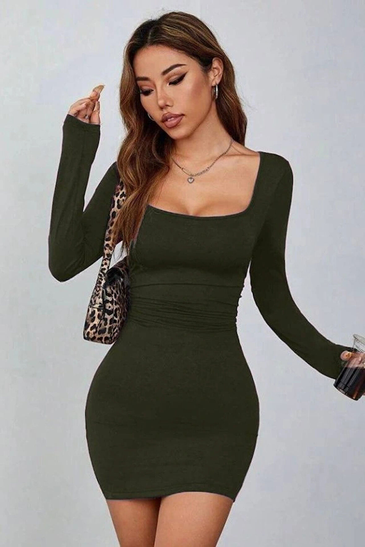 Kadın Uzun Kollu Kare Yaka Iç Göstermeyen ini Elbise