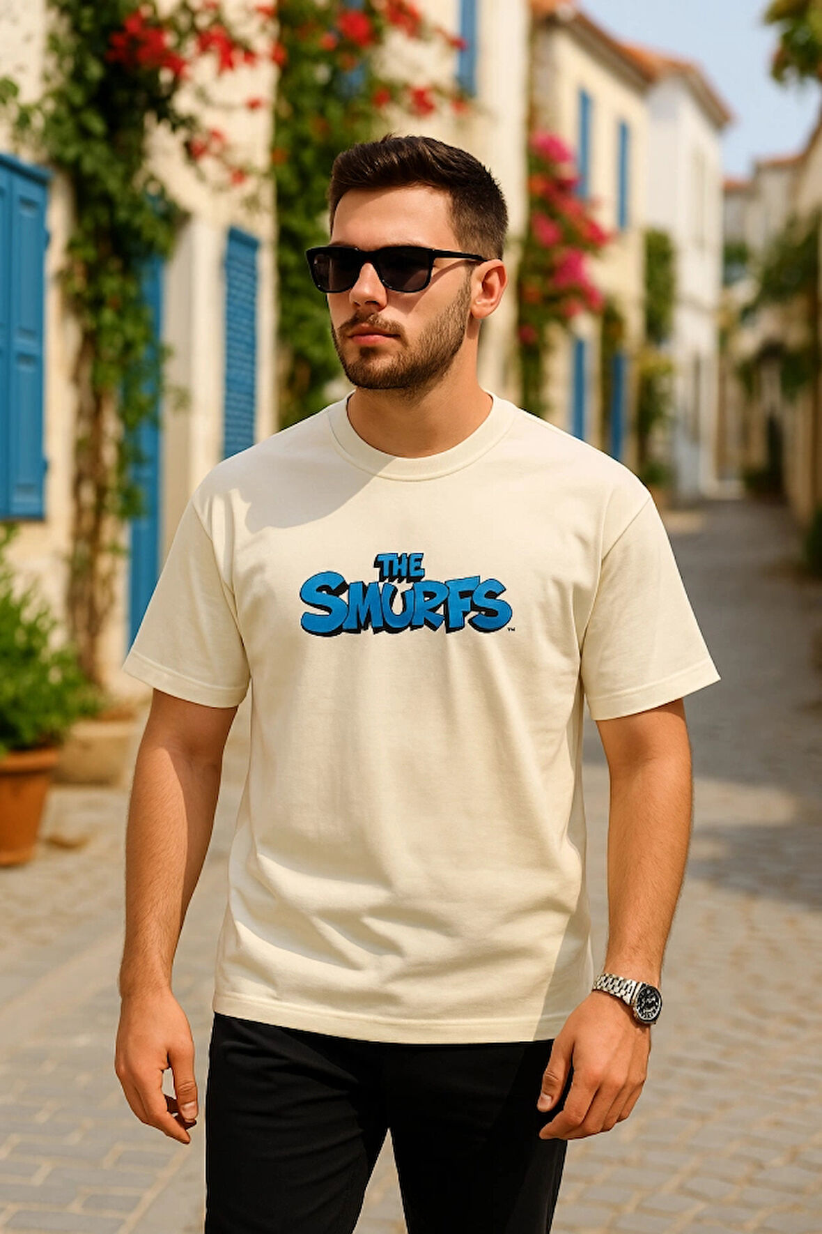 Ön Ve Arka Baskılı Oversize Bisiklet Yaka Tshirt Beyaz