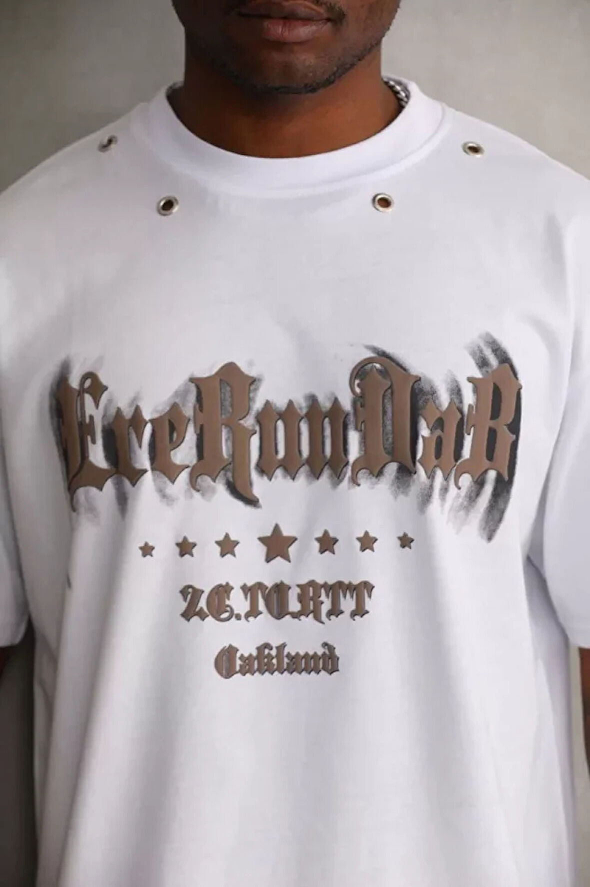 Unisex Kuşgözü Detaylı Baskılı Oversize Thirt  Beyaz