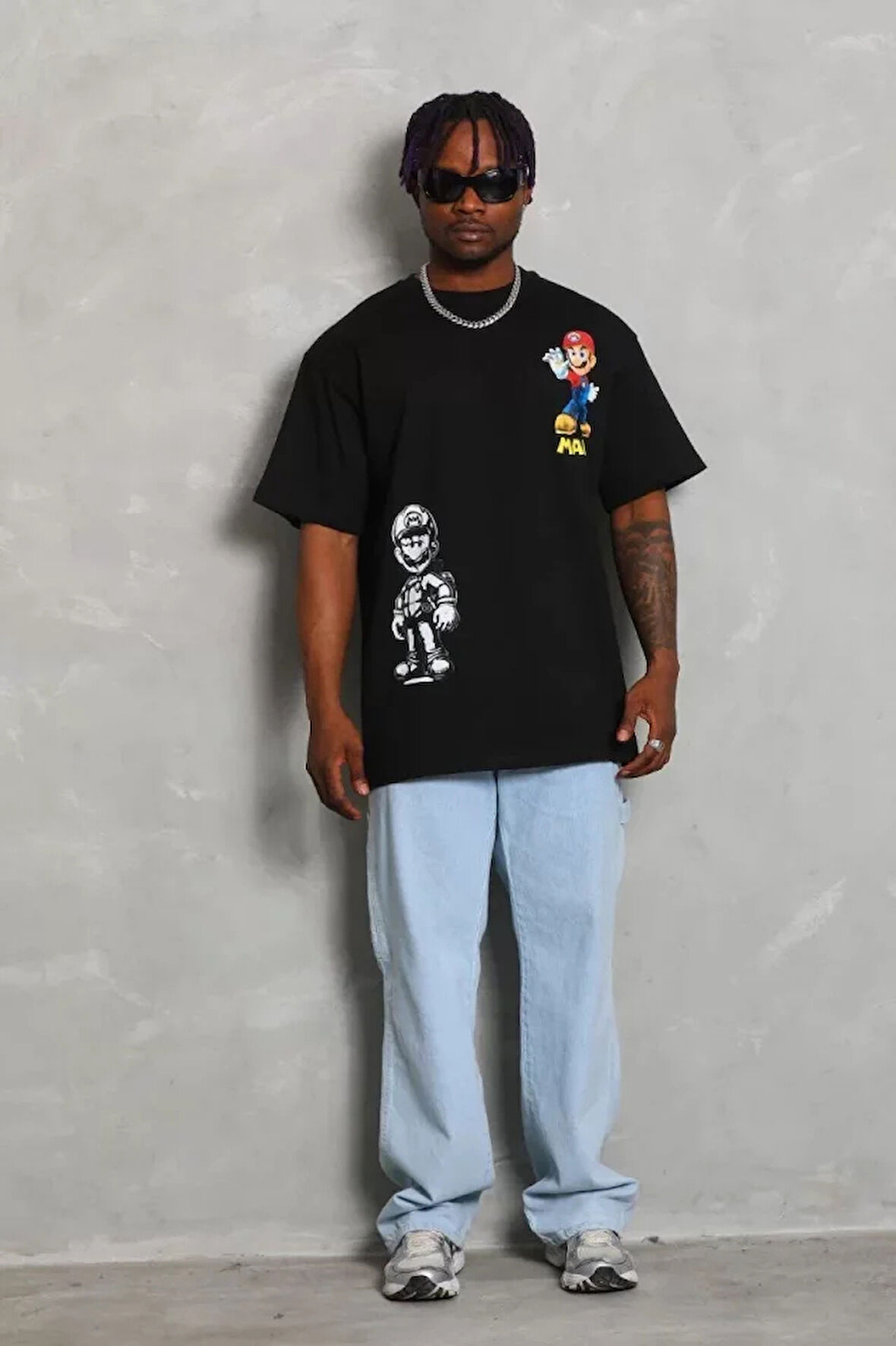 Unisex Oversize Baskılı Bisiklet Yaka Thirt  iyah