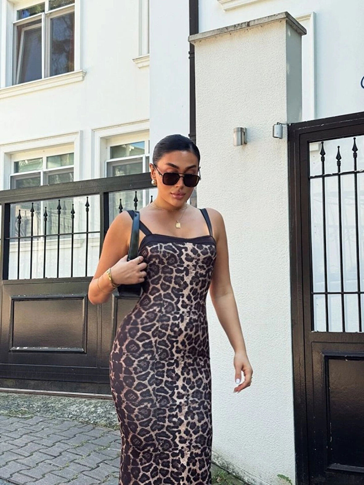 Kadın Dalgıç Kumaş Dijital Leopar Baskılı idi Boy Elbise