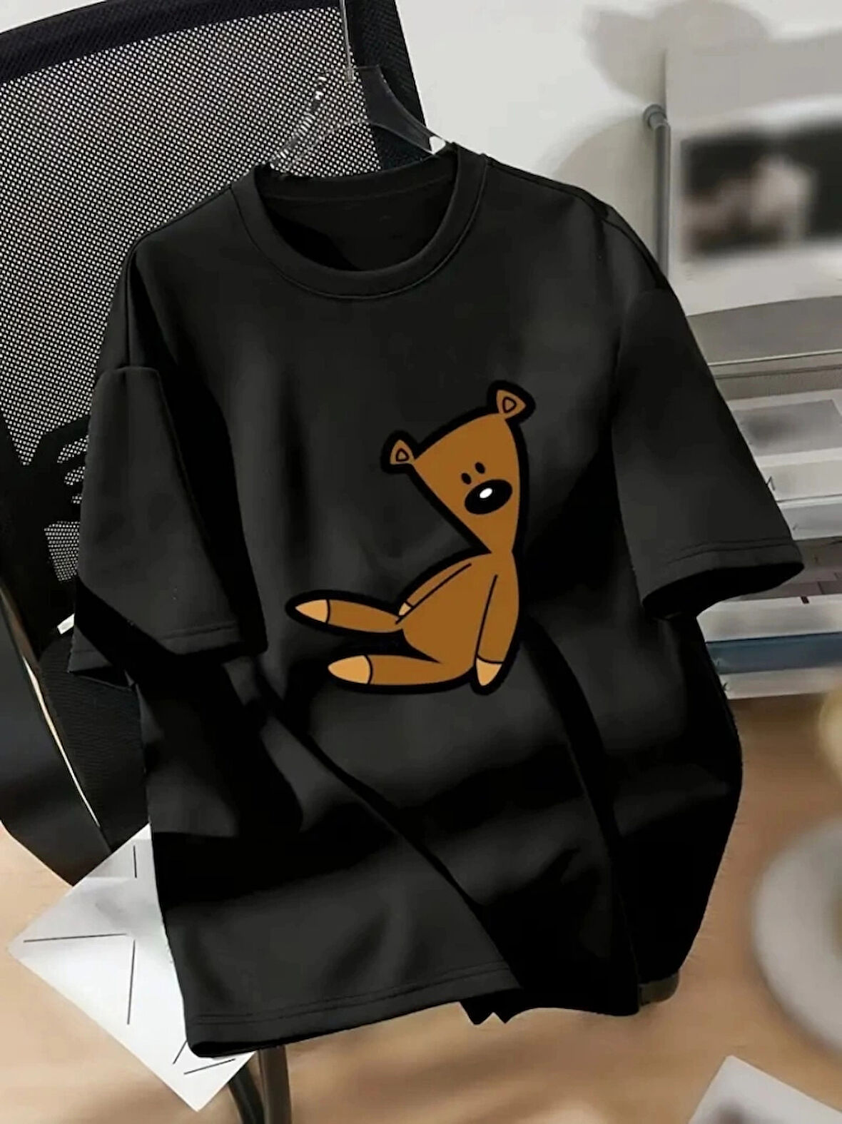 Baskılı Oversize Bisiklet Yaka Tshirt  iyah