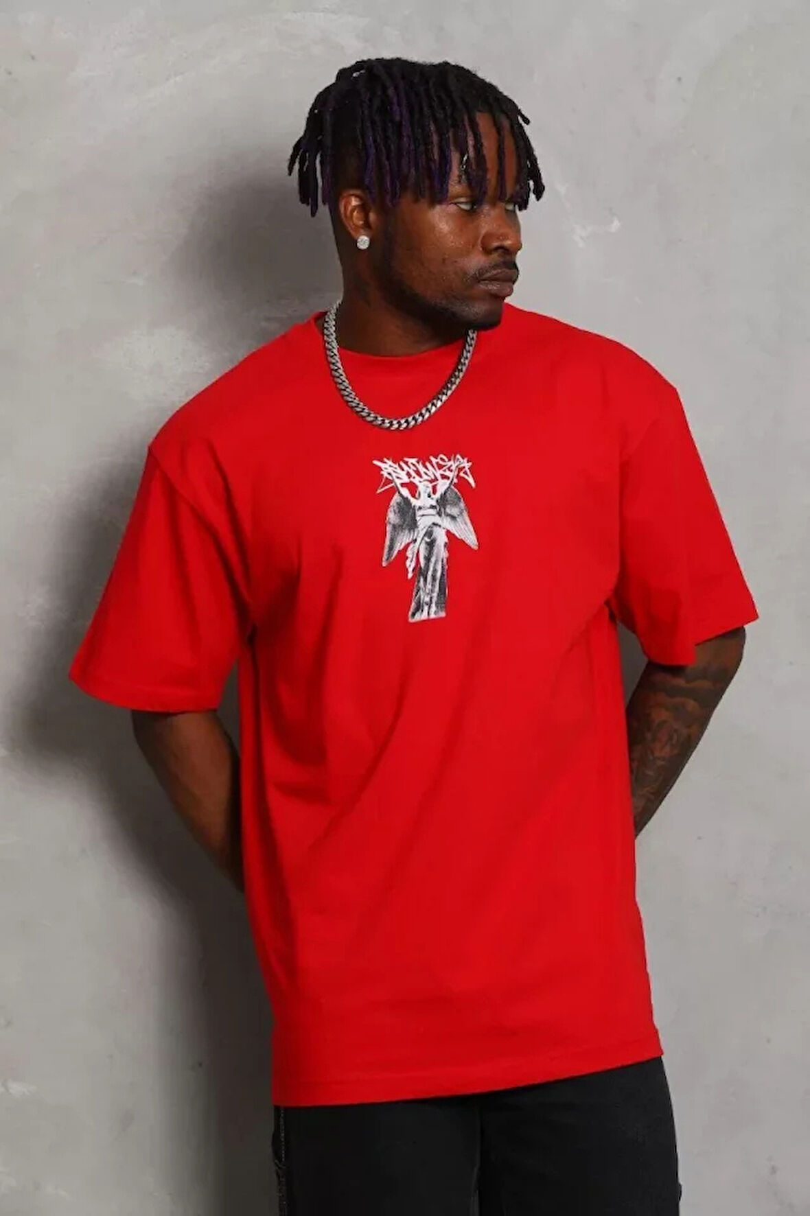 Unisex Oversize Baskılı Bisiklet Yaka Thirt  Kırmızı