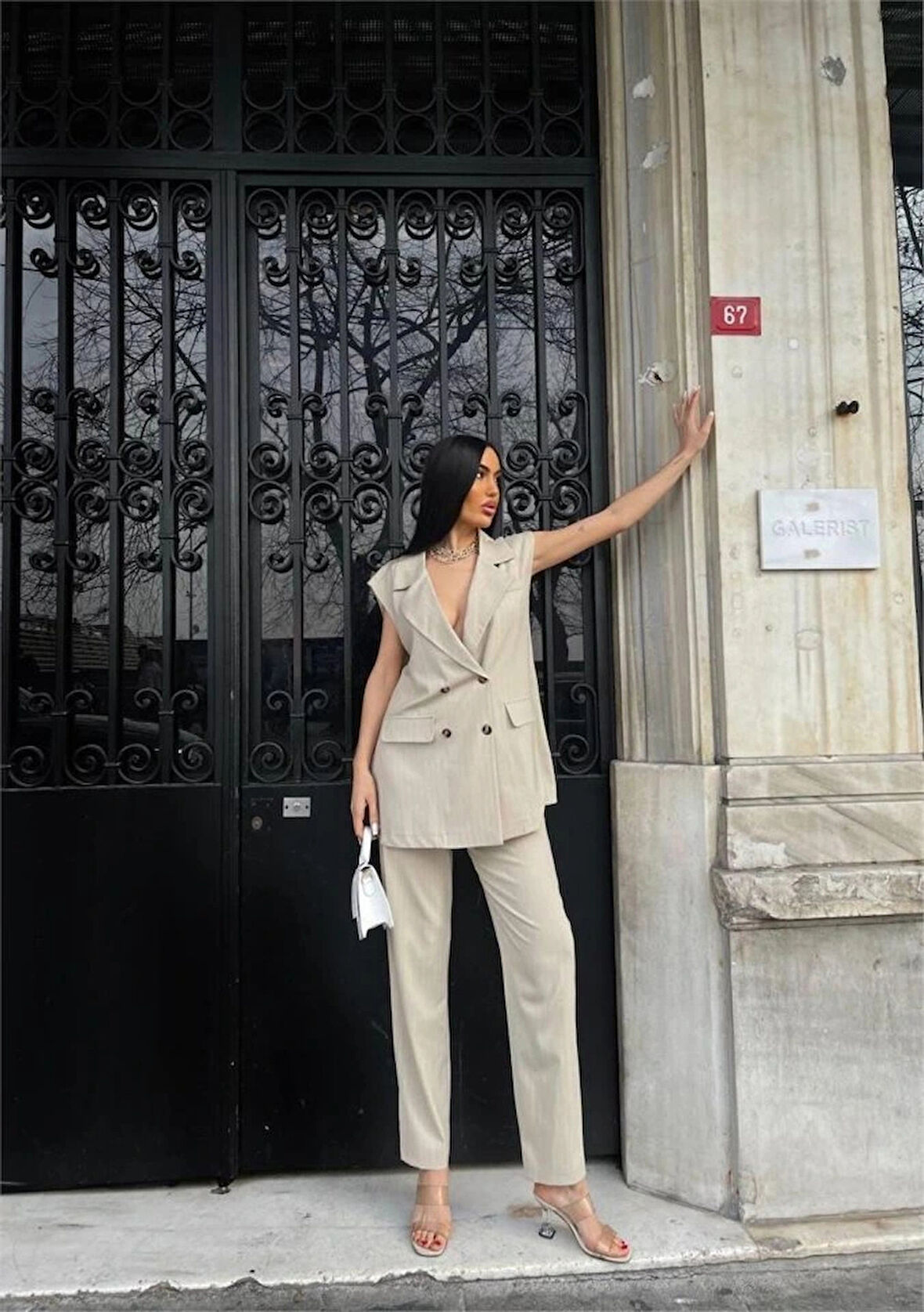 ÇİZGİİ UZUN YEEK  PANTOON TAKI POVİCON  Bej