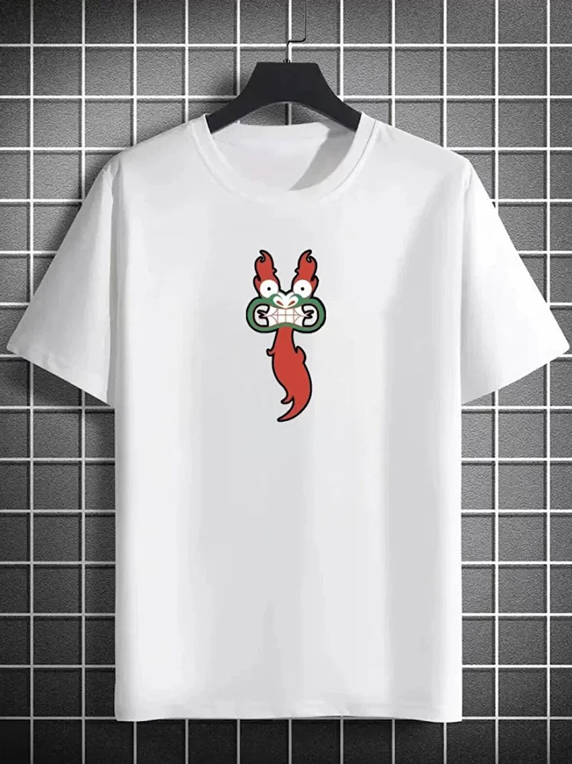 Unisex Bisiklet Yaka Baskılı Oversize Thirt  Beyaz